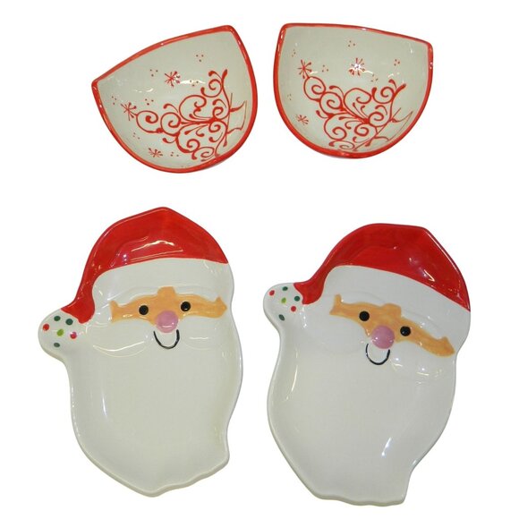 2 Santa Claus Plates & 2 Decorative Swirl Bowls For Holiday Tableware Ceramic - Picture 2 of 11